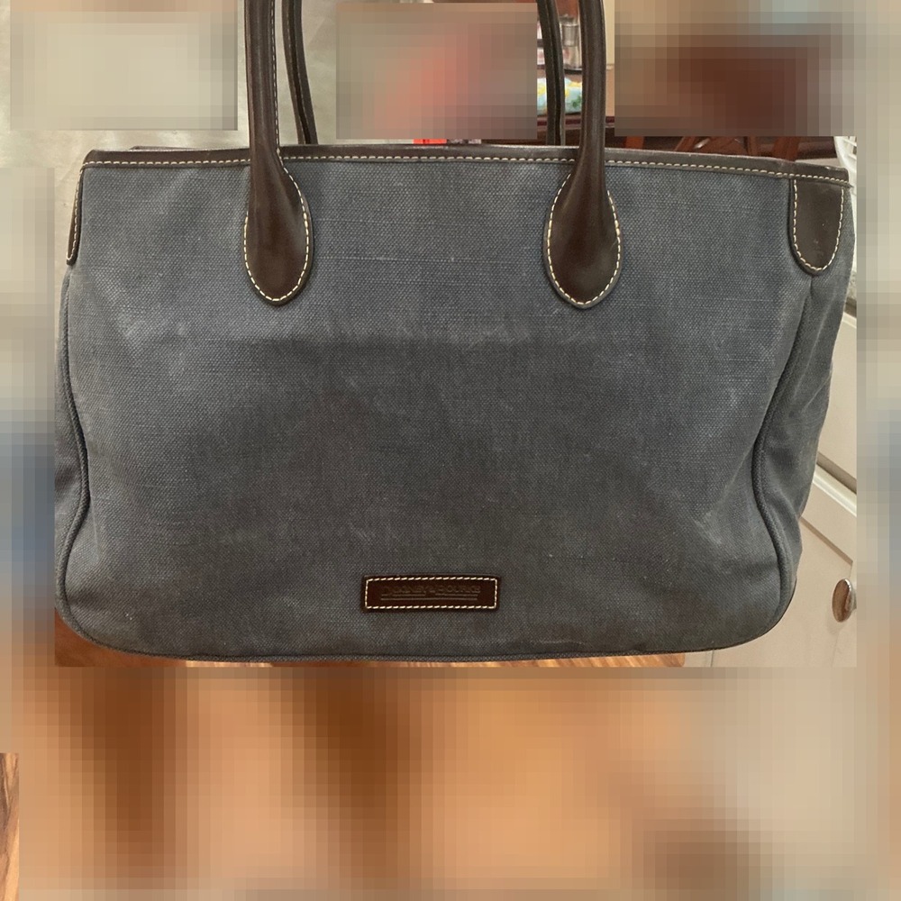 Y2K Dooney & Bourke Tote Bag Canvas Leather Trim Navy Blue Large Shoulder Bag